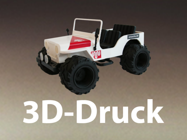 2019_3d_druck Ein offener Truck mit großen Reifen und straschu-Logo aus dem 3D-Druck