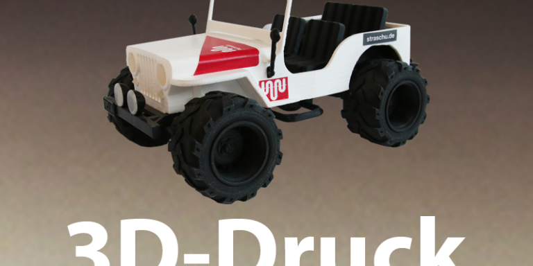 2019_3d_druck Ein offener Truck mit großen Reifen und straschu-Logo aus dem 3D-Druck