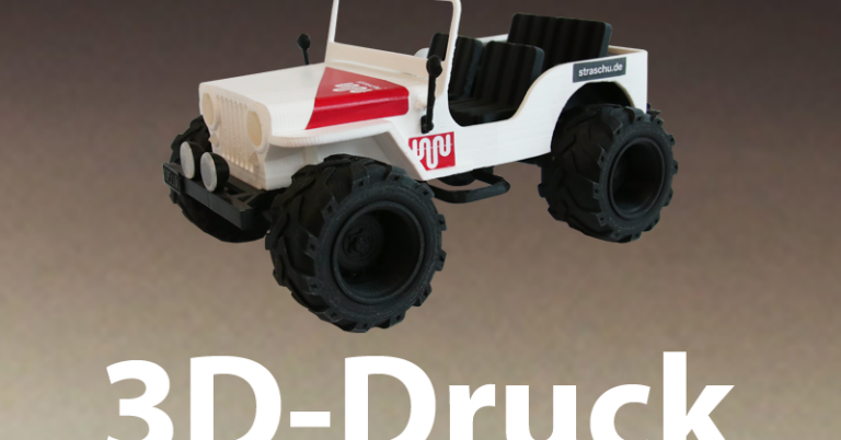 2019_3d_druck Ein offener Truck mit großen Reifen und straschu-Logo aus dem 3D-Druck