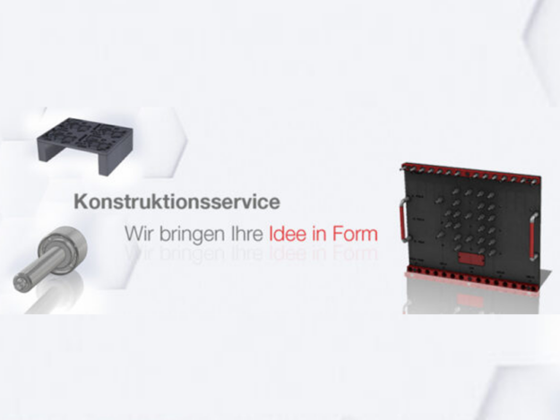Konstrunktionsservice Vor weißem Hintergrund mit Wabenmuster sind links zwei Formteile und rechts eine Nutzentrennvorrichtung mit dem Schriftzug "Konstruktionsservice, Wir bringen Ihre Idee in Form" mittig