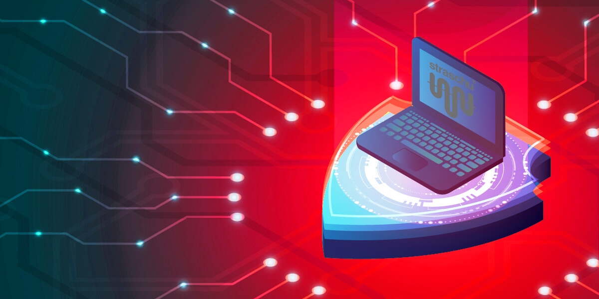 Leiterplattenlinien laufen auf ein Schild zu, auf dem ein aufgeklappter Laptop als Symbol für Datenschutz steht.