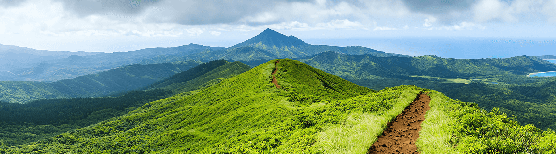 Ein Pfad führt mittig auf der Spitze eines Hügels lang und im Hintergrund sieht man eine bewaldete Berglandschaft und rechts einen Sandstrand und das Meer.